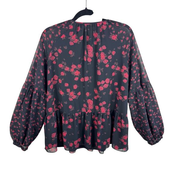 Michael Kors Black Red Rose Print Lined Lightweight Long Sleeve Chiffon Blouse L - Picture 3 of 10